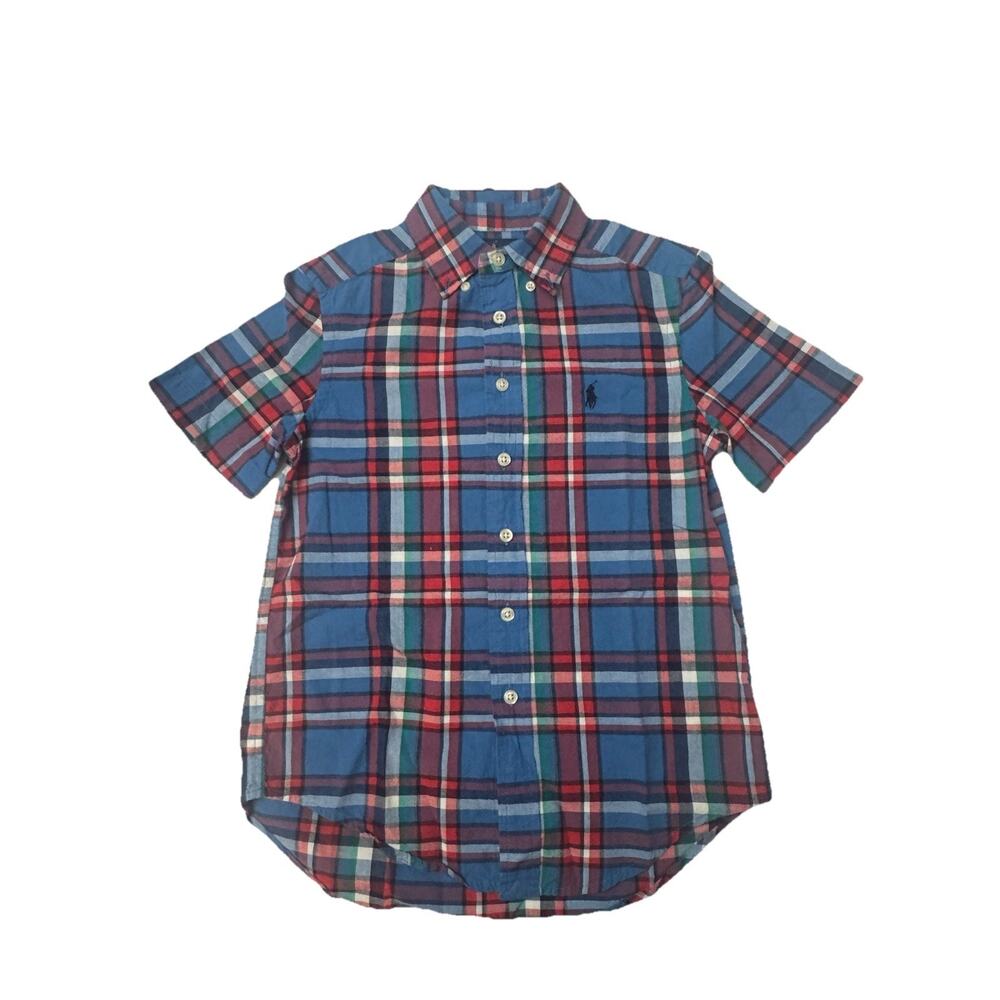 Ralph Lauren Boys S 8 Blue Plaid Button Front Shirt Short Sleeve Cotton